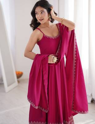 rani pink color silk blend hree piece anarkali suit 3