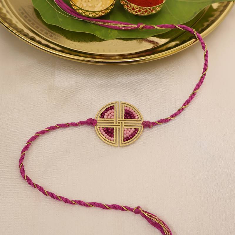  pink geometric beaded designer thread rakhi with roli chawal capsules