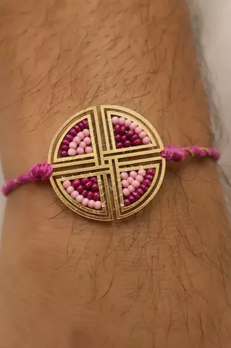  pink geometric beaded designer thread rakhi with roli chawal capsules