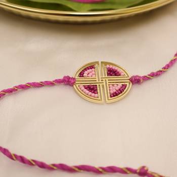  pink geometric beaded designer thread rakhi with roli chawal capsules 3
