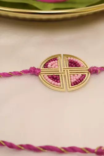  pink geometric beaded designer thread rakhi with roli chawal capsules
