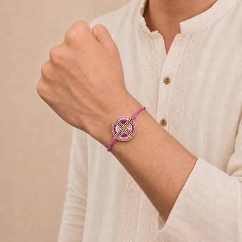  pink geometric beaded designer thread rakhi with roli chawal capsules 4