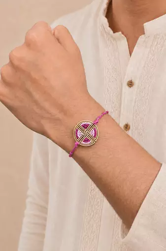  pink geometric beaded designer thread rakhi with roli chawal capsules