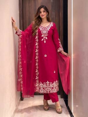 Women Embroidered Roman silk blend Kurta  Trouser & Dupatta Set 1