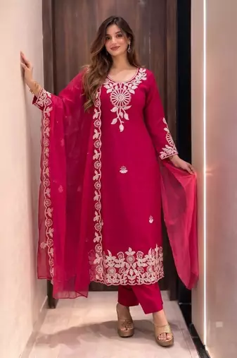 Women Embroidered Roman silk blend Kurta  Trouser & Dupatta Set