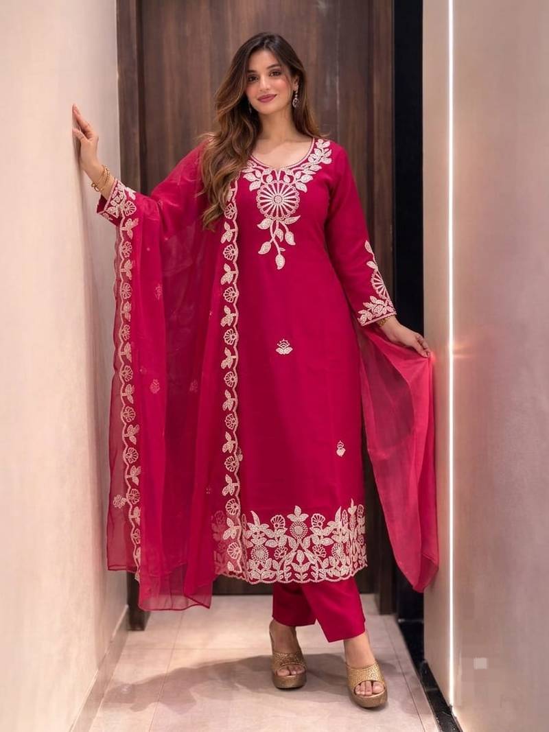 Women Embroidered Roman silk blend Kurta  Trouser & Dupatta Set