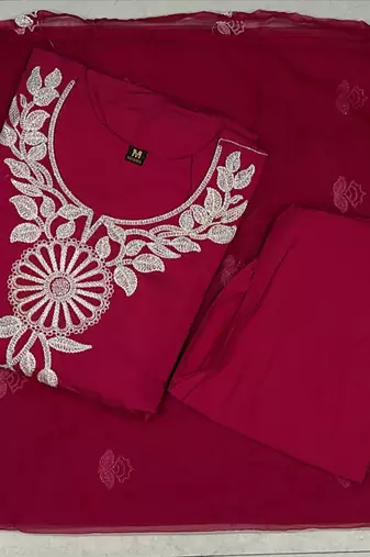 Women Embroidered Roman silk blend Kurta  Trouser & Dupatta Set