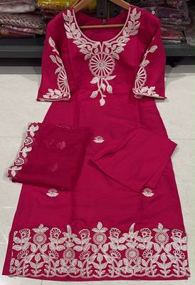 Women Embroidered Roman silk blend Kurta  Trouser & Dupatta Set 3