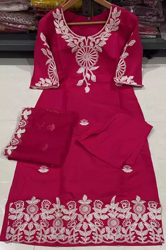 Women Embroidered Roman silk blend Kurta  Trouser & Dupatta Set