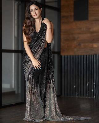 Premium Georgette Black Color Sequins Work Saree With Blouse Set For Women's 1