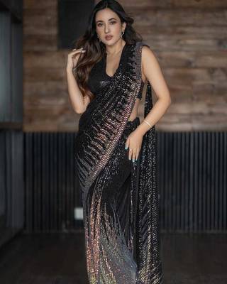 Premium Georgette Black Color Sequins Work Saree With Blouse Set For Women's 2