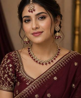 Maroon antique-plated agate stone necklace set with earrings & maang tikka 1