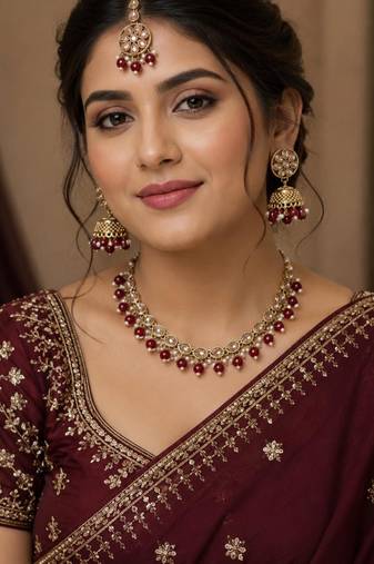 Maroon antique-plated agate stone necklace set with earrings & maang tikka