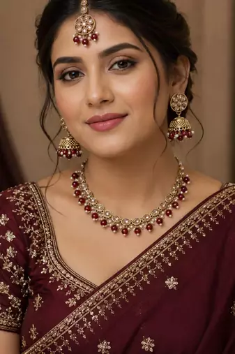 Maroon antique-plated agate stone necklace set with earrings & maang tikka