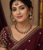 Maroon antique-plated agate stone necklace set with earrings & maang tikka