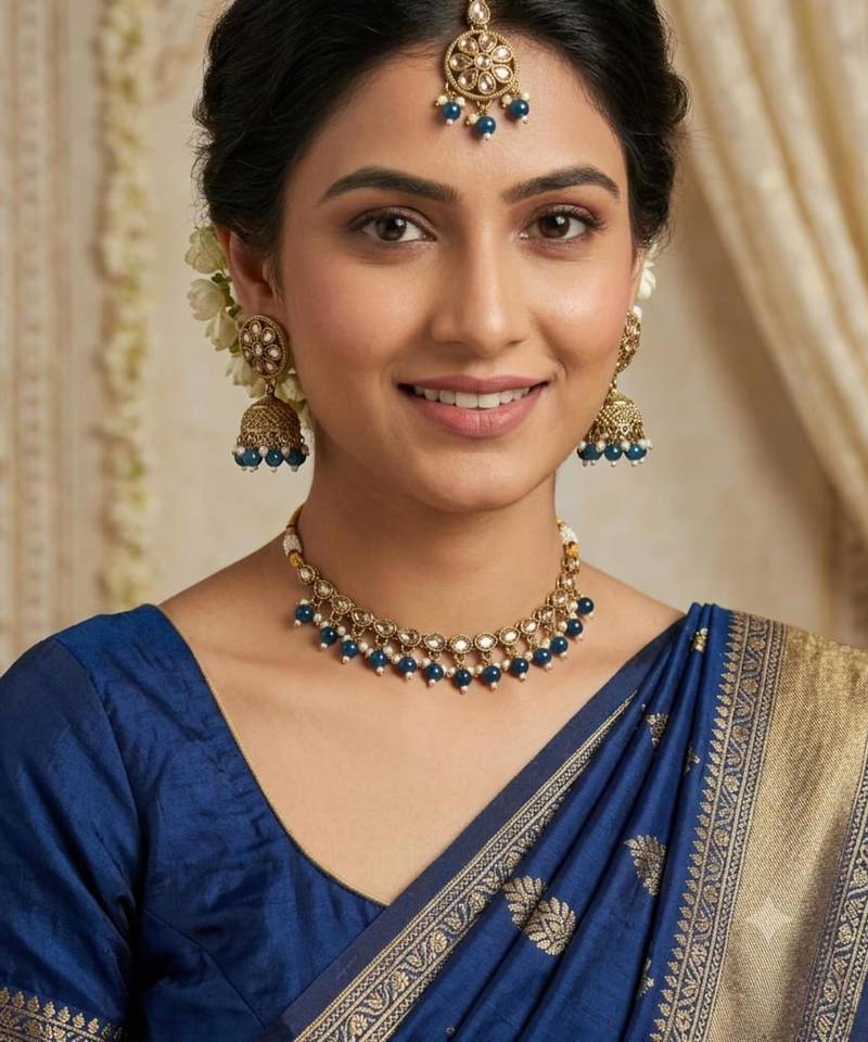 Blue antique-plated agate stone necklace set with earrings & maang tikka