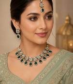 Green antique-plated agate stone necklace set with earrings & maang tikka