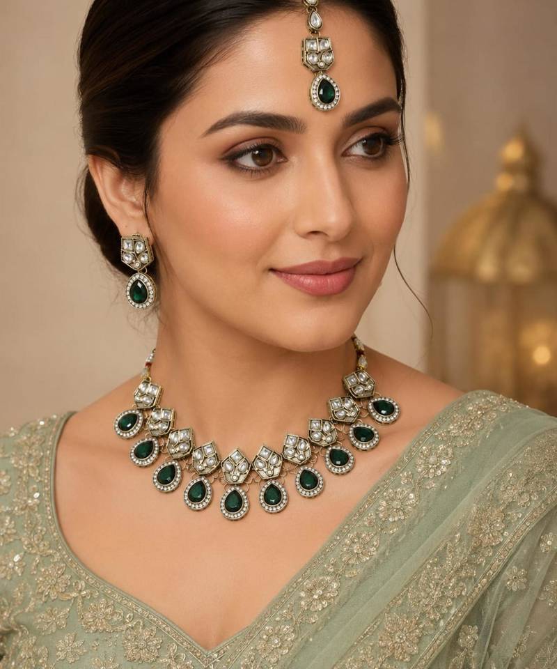 Green antique-plated agate stone necklace set with earrings & maang tikka