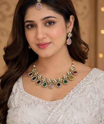 Multicolor antique-plated agate stone necklace set with earrings & maang tikka 1