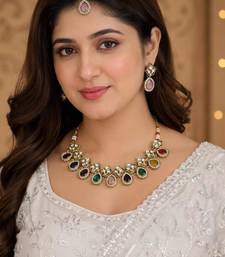 Multicolor antique-plated agate stone necklace set with earrings & maang tikka