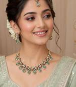 Pista antique-plated agate stone necklace set with earrings & maang tikka