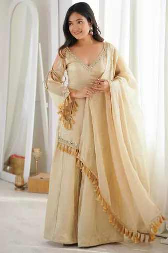 Rakhi special mirror work cream kurta palazzo set with dupatta