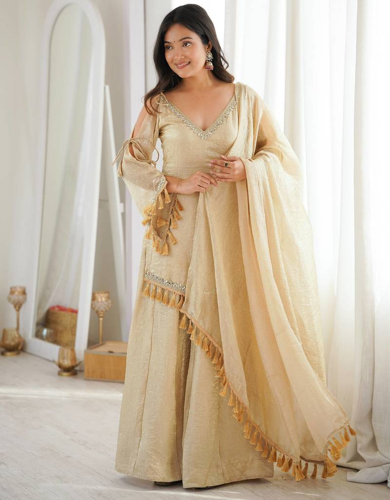 Rakhi special mirror work cream kurta palazzo set with dupatta