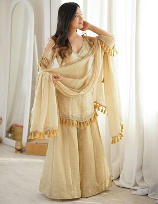 Rakhi special mirror work cream kurta palazzo set with dupatta 2