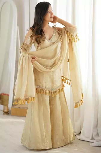 Rakhi special mirror work cream kurta palazzo set with dupatta