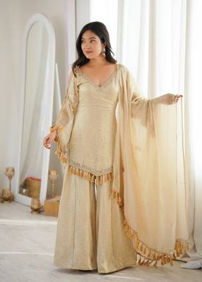 Rakhi special mirror work cream kurta palazzo set with dupatta 3