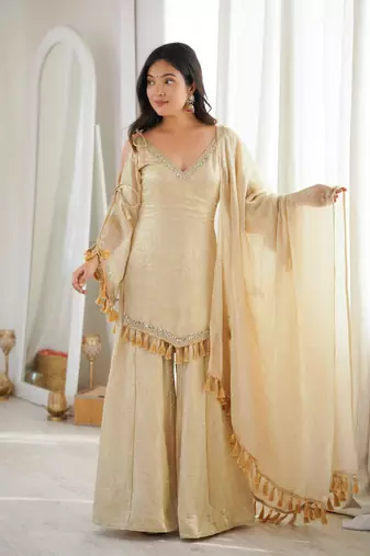 Rakhi special mirror work cream kurta palazzo set with dupatta