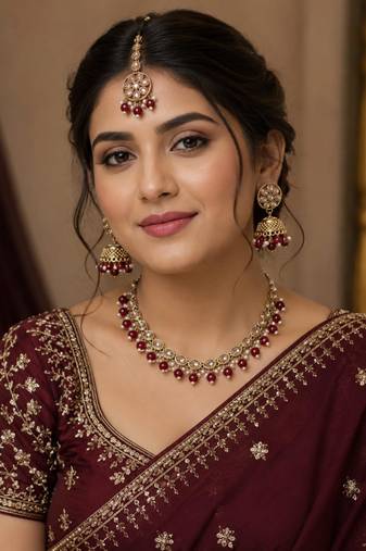 Maroon antique-plated agate stone necklace set with earrings & maang tikka