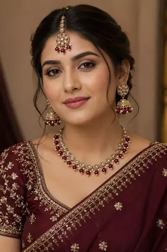 Maroon antique-plated agate stone necklace set with earrings & maang tikka