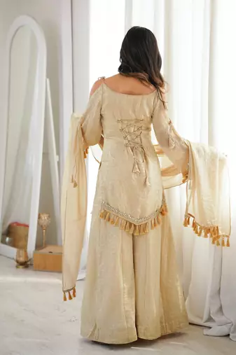 Rakhi special mirror work cream kurta palazzo set with dupatta