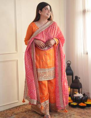 Orange chinon embroidered palazzo set with printed dupatta 1