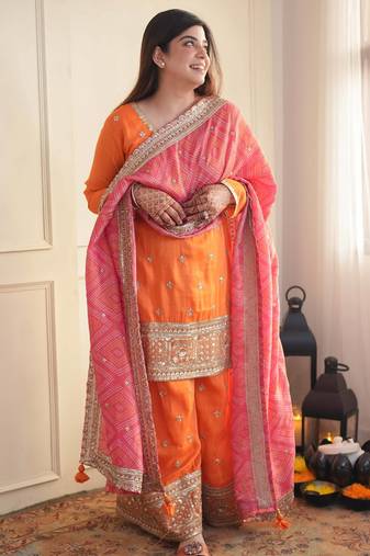Orange chinon embroidered palazzo set with printed dupatta