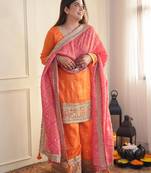 Orange chinon embroidered palazzo set with printed dupatta