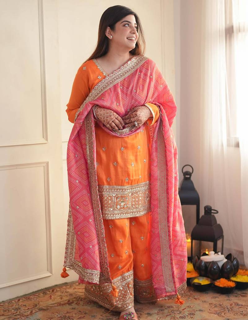 Orange chinon embroidered palazzo set with printed dupatta
