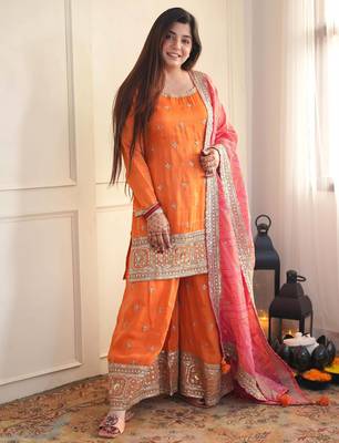 Orange chinon embroidered palazzo set with printed dupatta 2