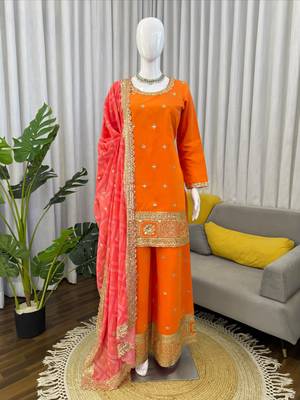 Orange chinon embroidered palazzo set with printed dupatta 3