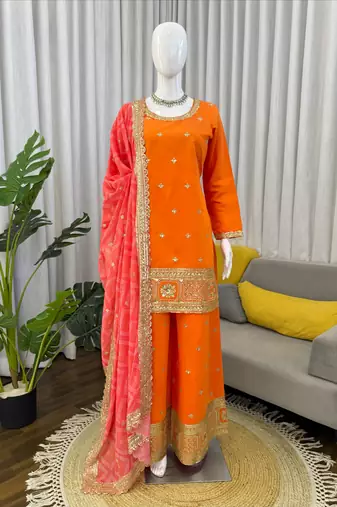 Orange chinon embroidered palazzo set with printed dupatta
