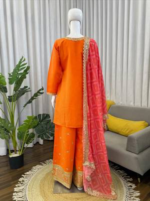 Orange chinon embroidered palazzo set with printed dupatta 4