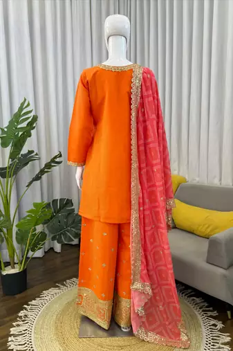 Orange chinon embroidered palazzo set with printed dupatta