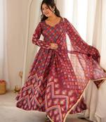 Printed muslin gown set with organza dupatta