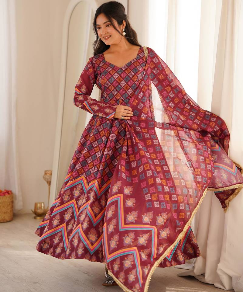 Printed muslin gown set with organza dupatta