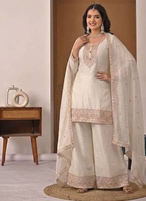 Ivory embroidered crunchy silk blend palazzo set with dupatta 1