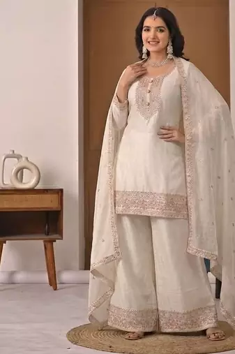 Ivory embroidered crunchy silk blend palazzo set with dupatta