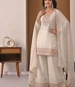 Ivory embroidered crunchy silk blend palazzo set with dupatta