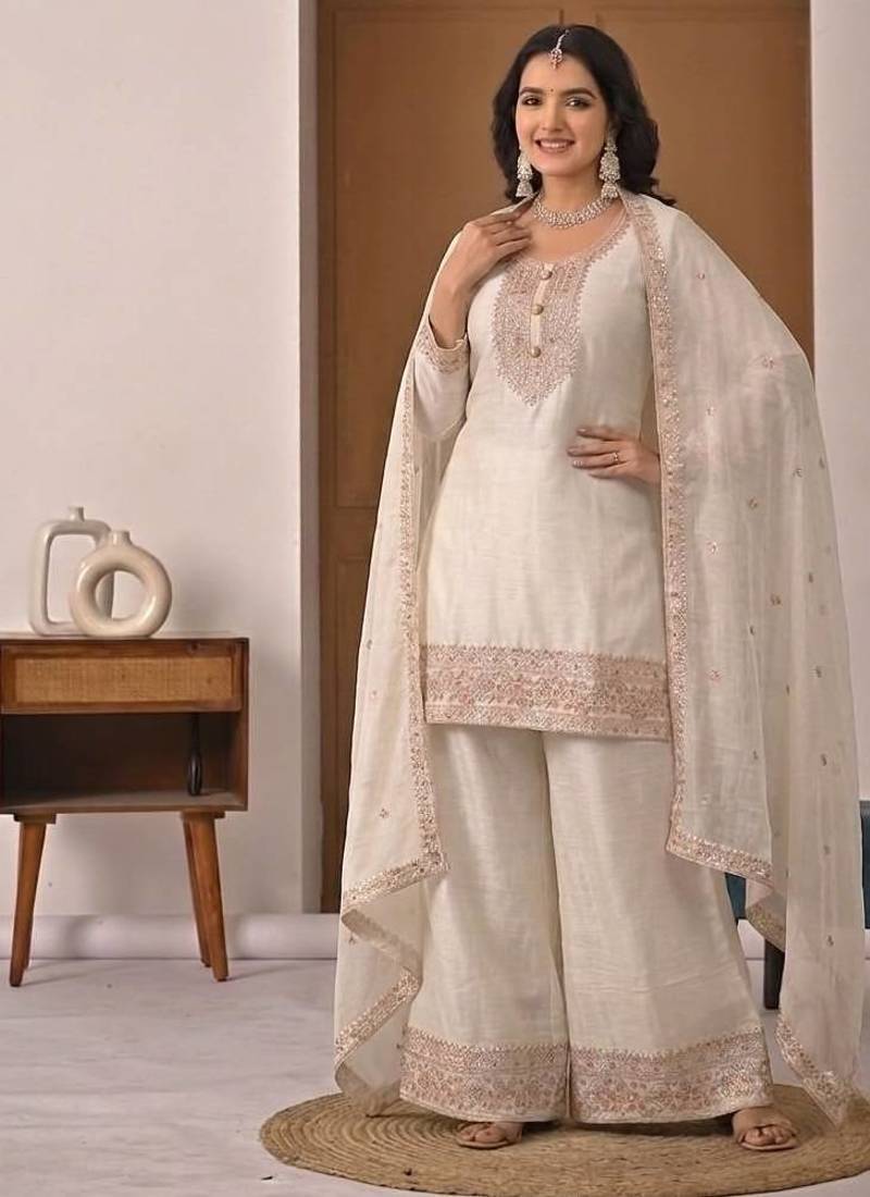 Ivory embroidered crunchy silk blend palazzo set with dupatta