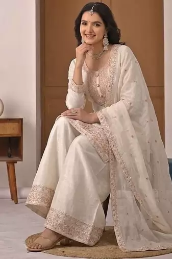 Ivory embroidered crunchy silk blend palazzo set with dupatta